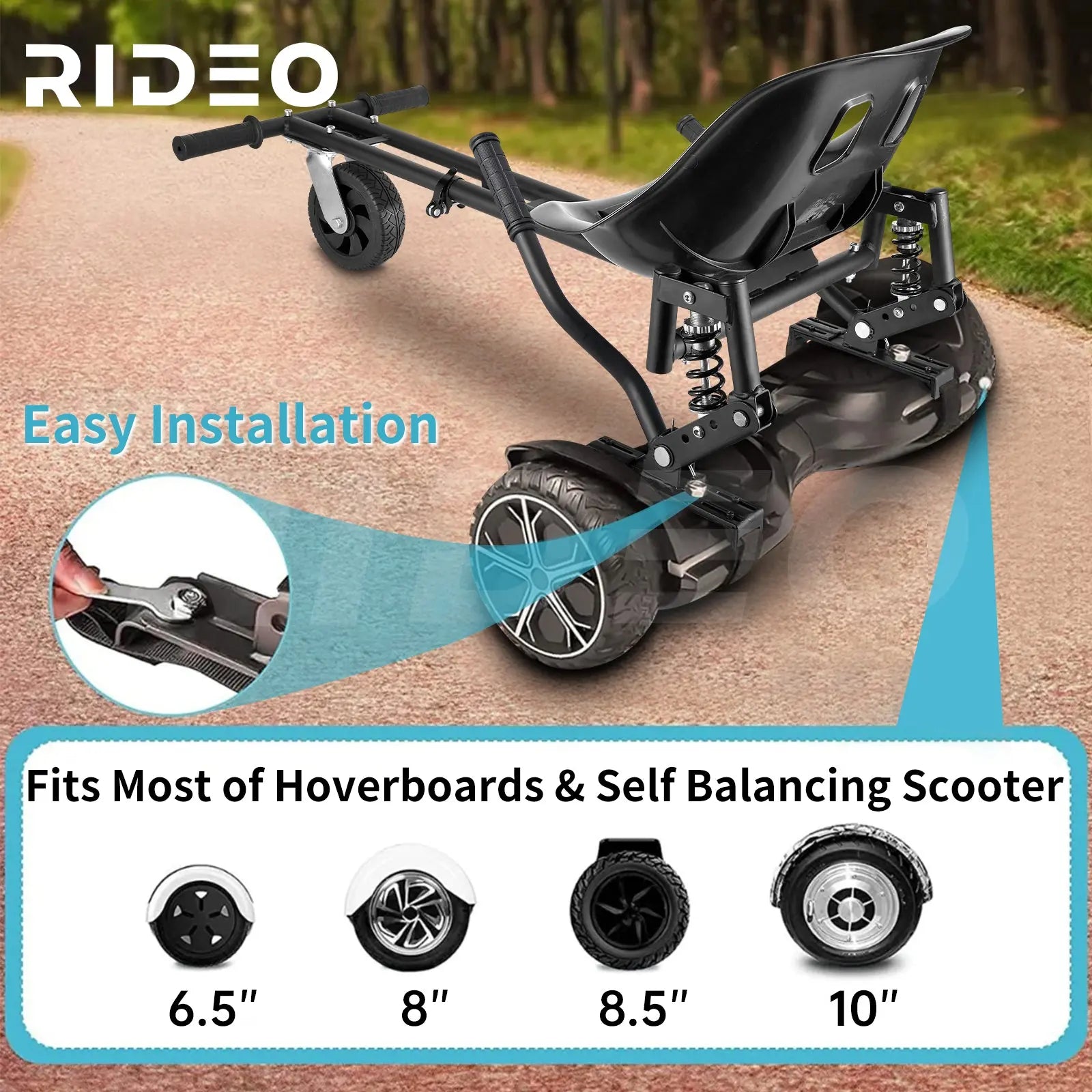 The RIDEO Hoverboard Go-Kart A5 parked in a scenic outdoor area, showing off its sleek black design and durable wheels suitable for all terrains.