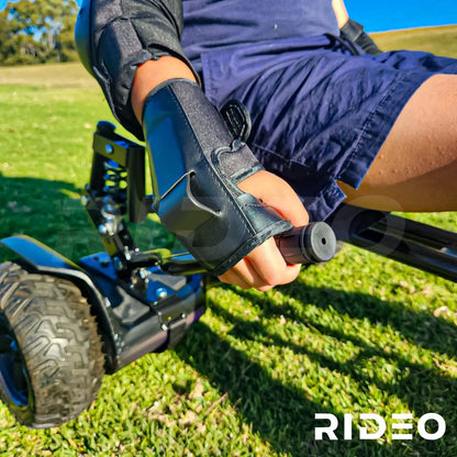  Detailed view of the control mechanisms on the RIDEO Hoverboard Go-Kart A5, highlighting the comfortable grip and responsive steering system.