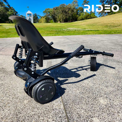 Experience the thrill with the RIDEO Hoverboard Go-Kart A5, featuring robust suspension and adjustable frame, showcased here in a lush park setting, perfect for outdoor fun.