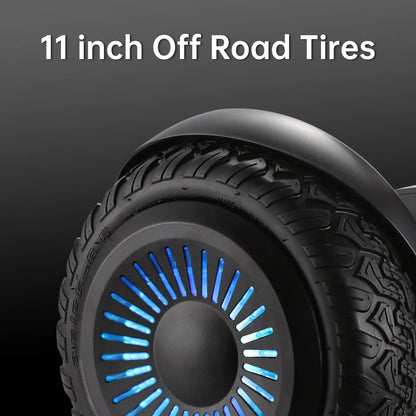 Tackle any terrain with the RIDEO 11 inch hoverboard, equipped with large off-road tires designed for superior grip and stability on rough surfaces.