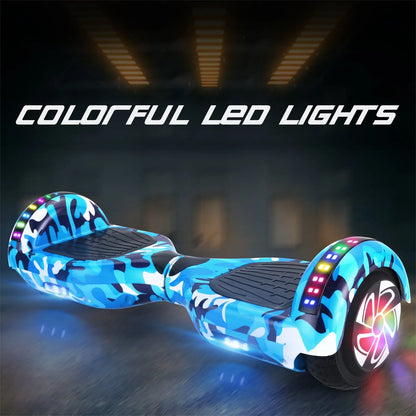 Close-up on the detailed features of the RIDEO Hoverboard, focusing on its anti-slip foot pedals and vibrant LED lighting system.