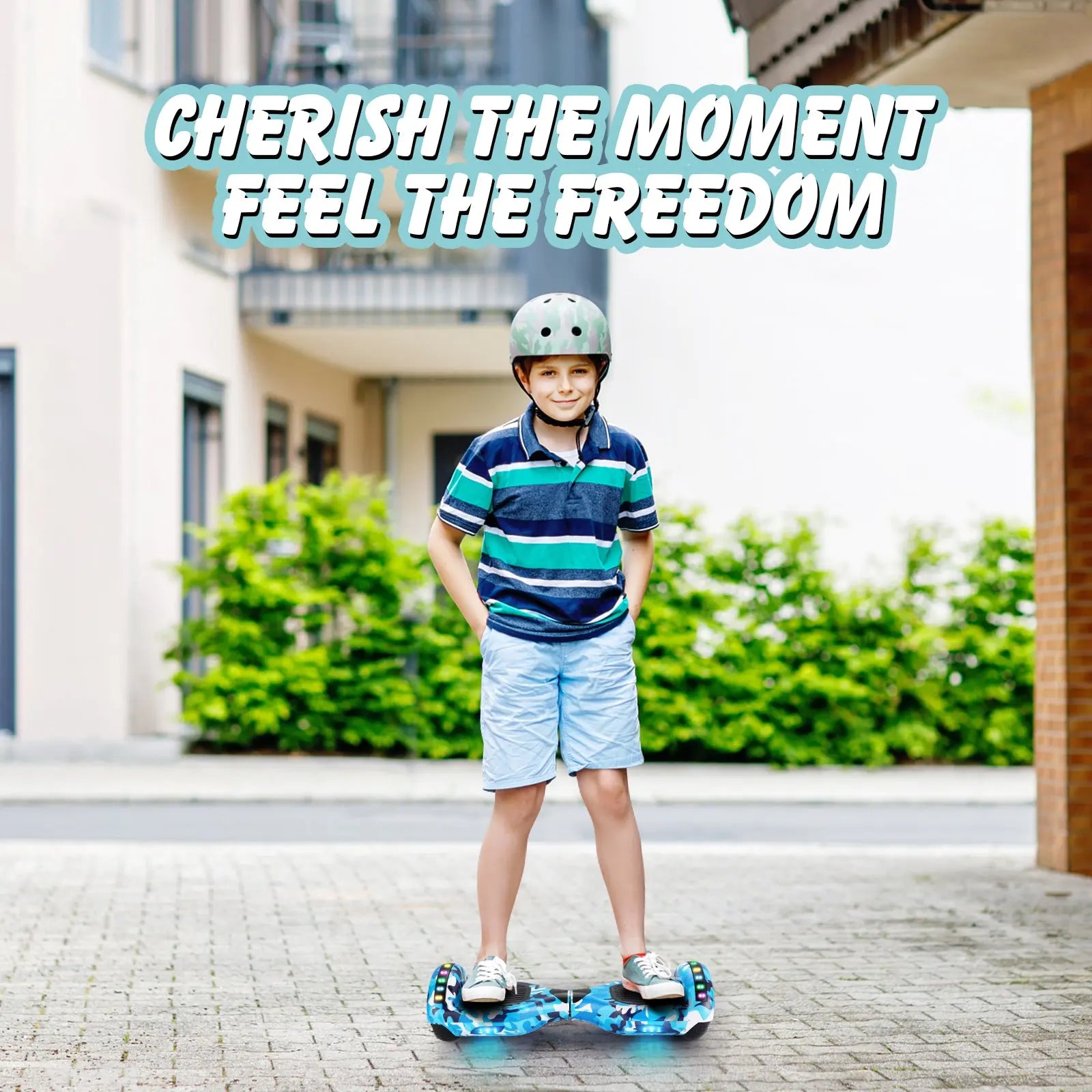 Image of a young boy enjoying his ride on the RIDEO 6.5 inch Hoverboard in Blue Galaxy, perfect for safe and fun outdoor activities.