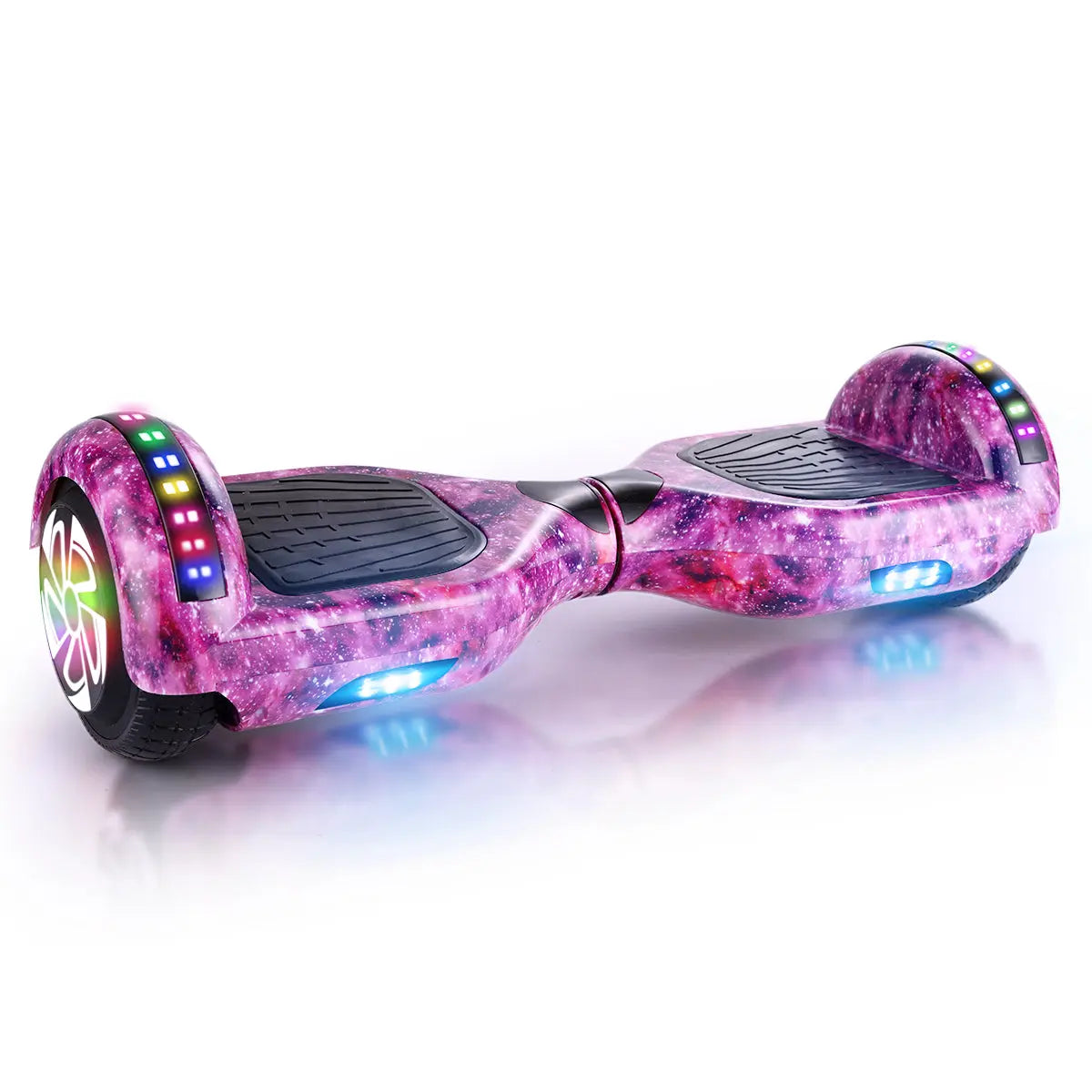 View of the RIDEO 6.5 inch Hoverboard Electric Scooter in Purple Galaxy design featuring vibrant LED wheels and a sleek, modern look.