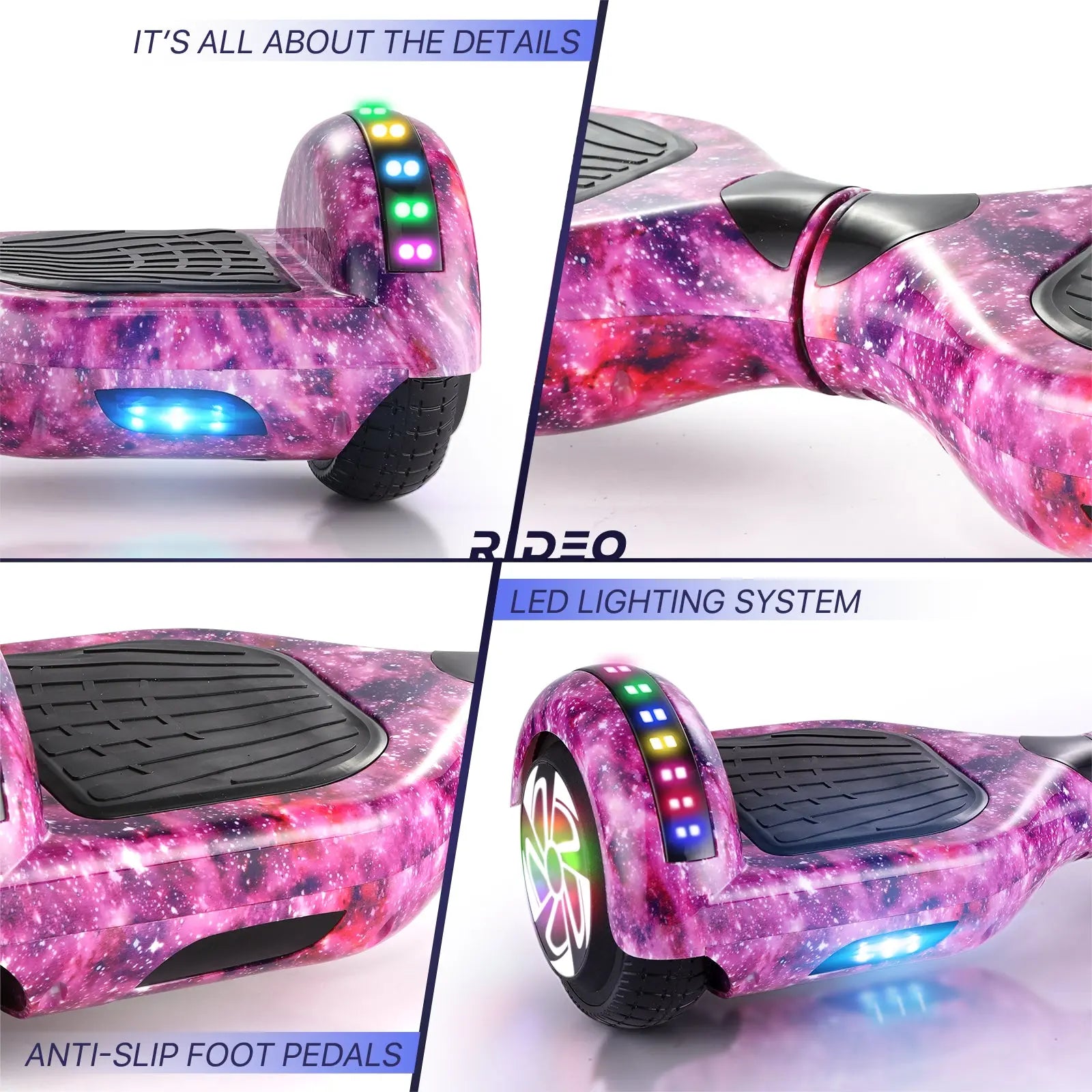 Close-up on the detailed features of the RIDEO Hoverboard, focusing on its anti-slip foot pedals and vibrant LED lighting system