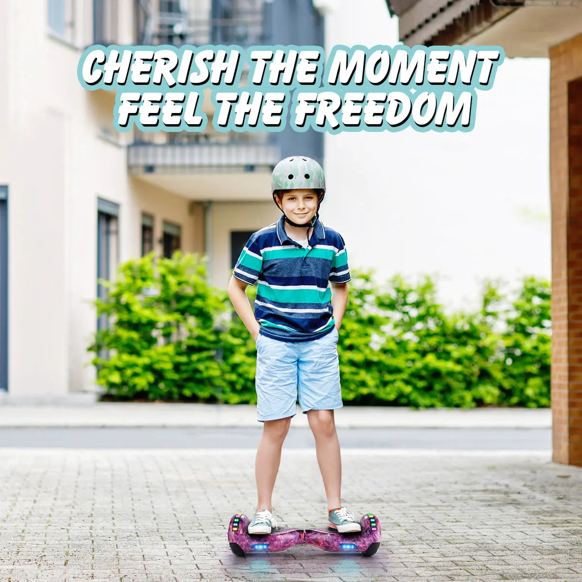 Image of a young boy enjoying his ride on the RIDEO 6.5 inch Hoverboard in Purple Galaxy, perfect for safe and fun outdoor activities.