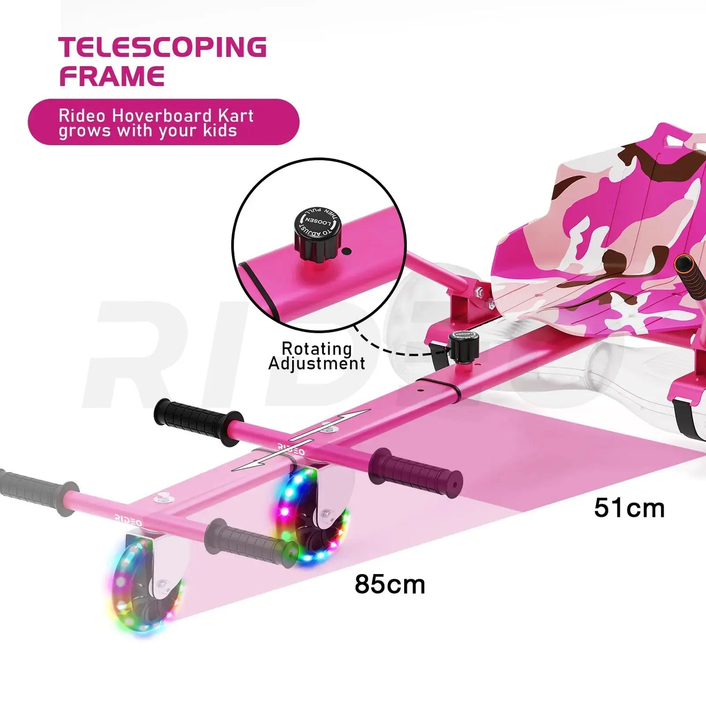 Adjustable telescoping frame of RIDEO Hoverboard Go-Kart, growing with kids, adjustable length from 51 cm to 85 cm.