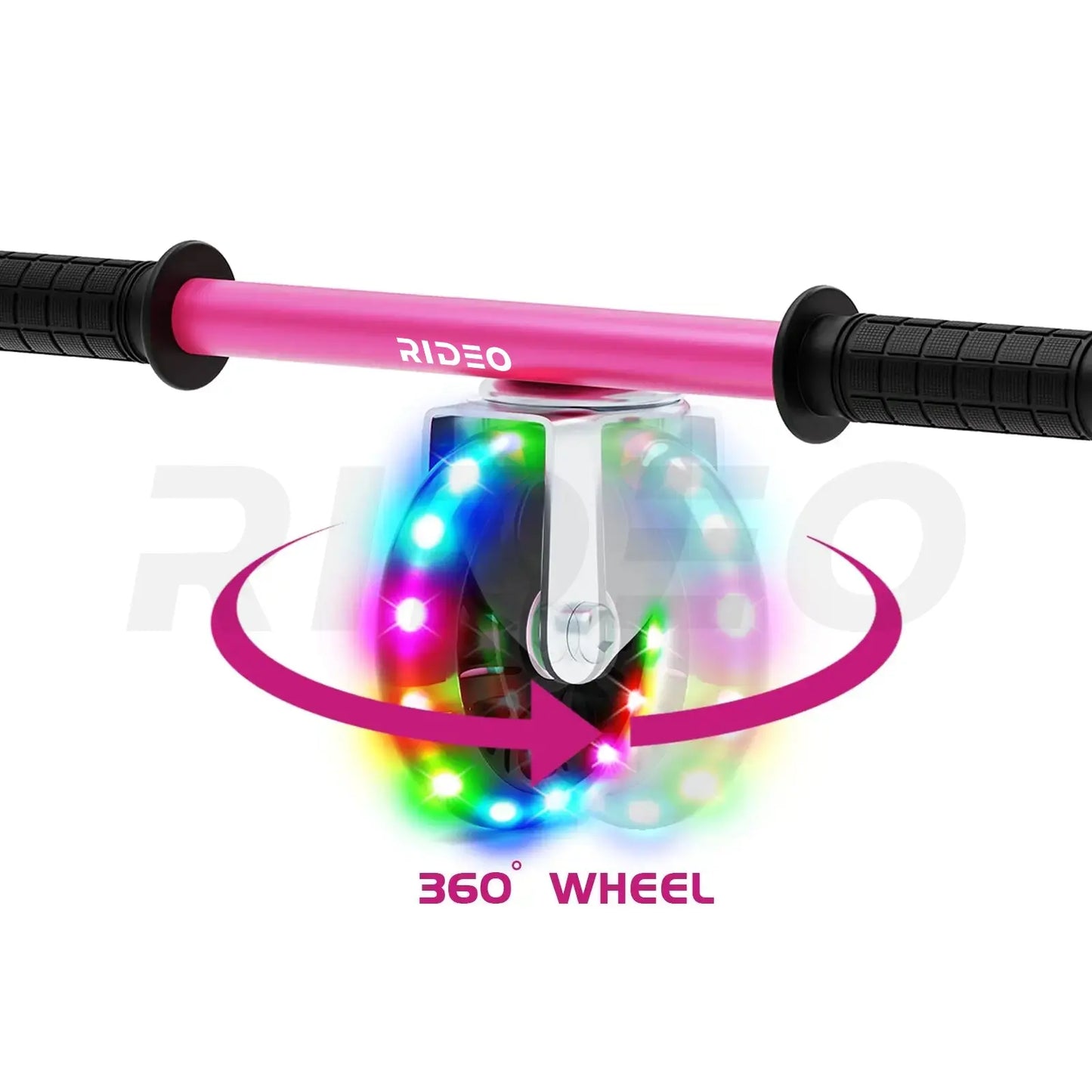 Detail of the 360-degree wheel mechanism on the RIDEO A4 pink Hoverboard Go-Kart, emphasizing maneuverability and smooth motion.