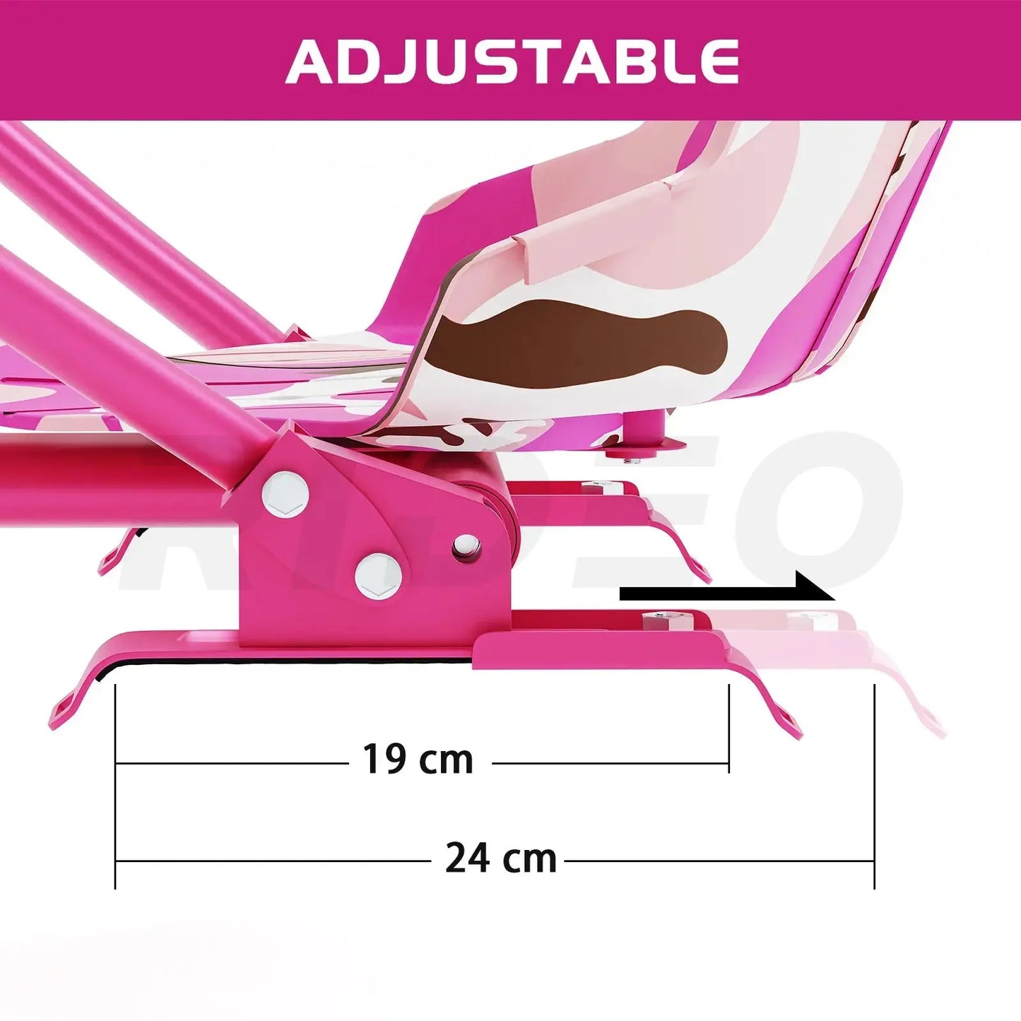 Illustration showing the adjustable range of the seat in a RIDEO Hoverboard Go-Kart A4 pink, highlighting the versatility of the kart with seat adjustments from 19 cm to 24 cm.