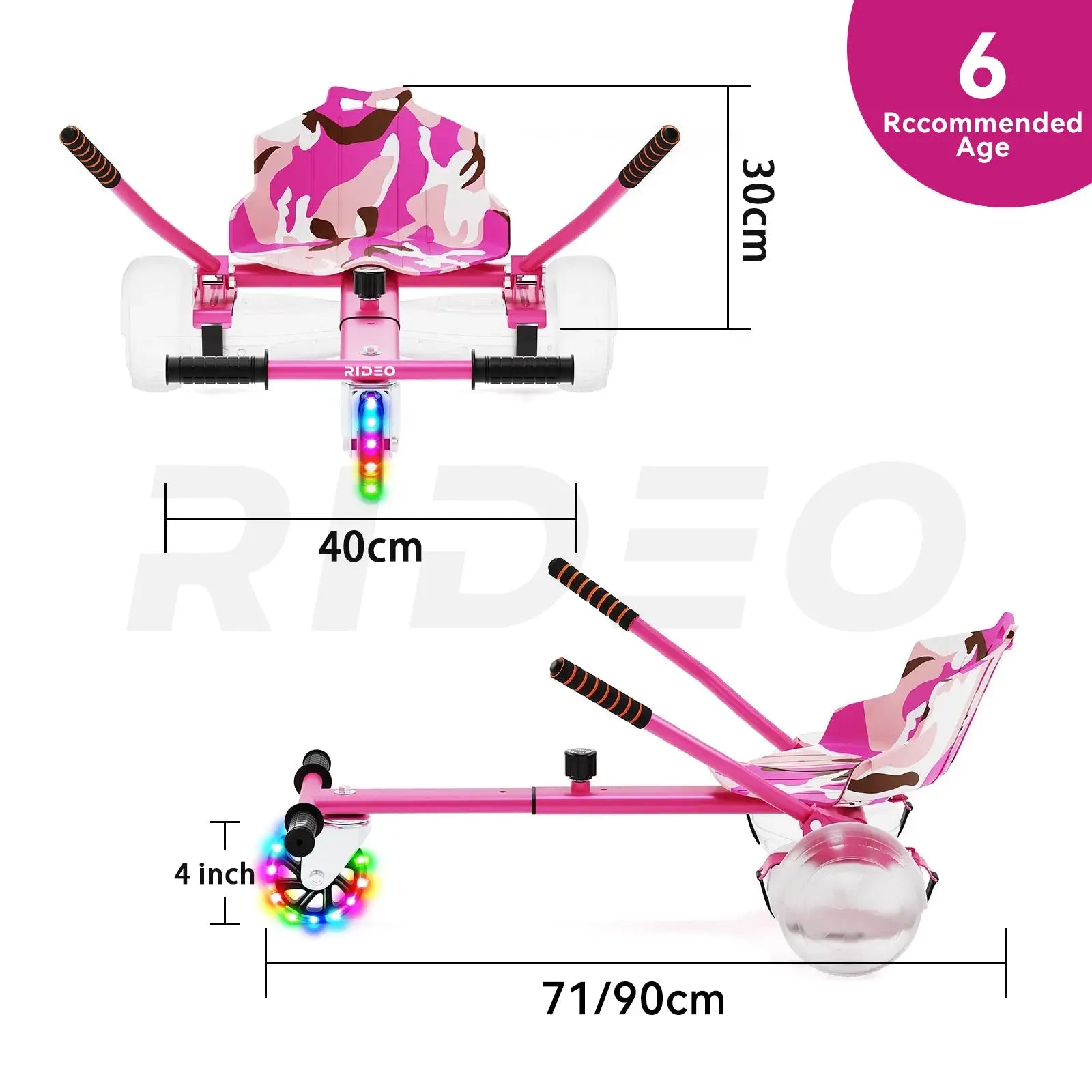 Dimensions of the RIDEO Hoverboard Go-Kart, suitable for kids 6+ with a 40 cm width and adjustable length up to 90 cm.