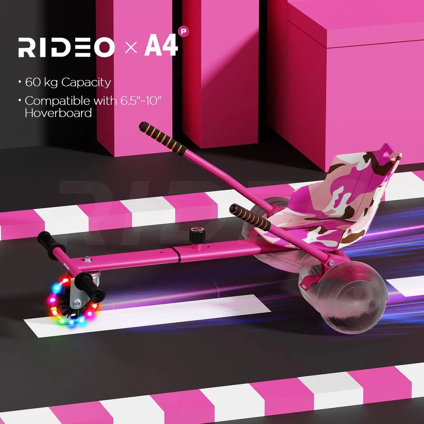 Dynamic scene of the RIDEO A4 pink Hoverboard Go-Kart showcasing its compatibility with 6.5” to 10” hoverboards, designed for a maximum load of 60 kg.