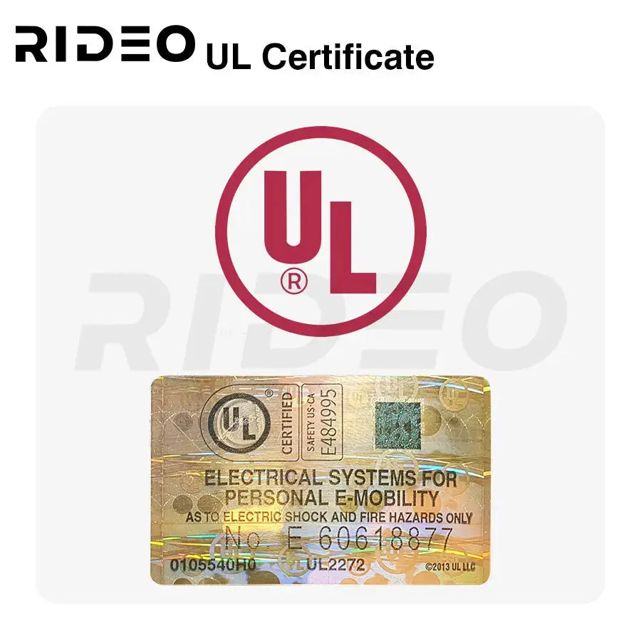 Image of the UL certification label, showcasing that Rideo hoverboards meet strict safety standards for electrical systems and personal e-mobility, ensuring rider protection against electric shock and fire hazards.