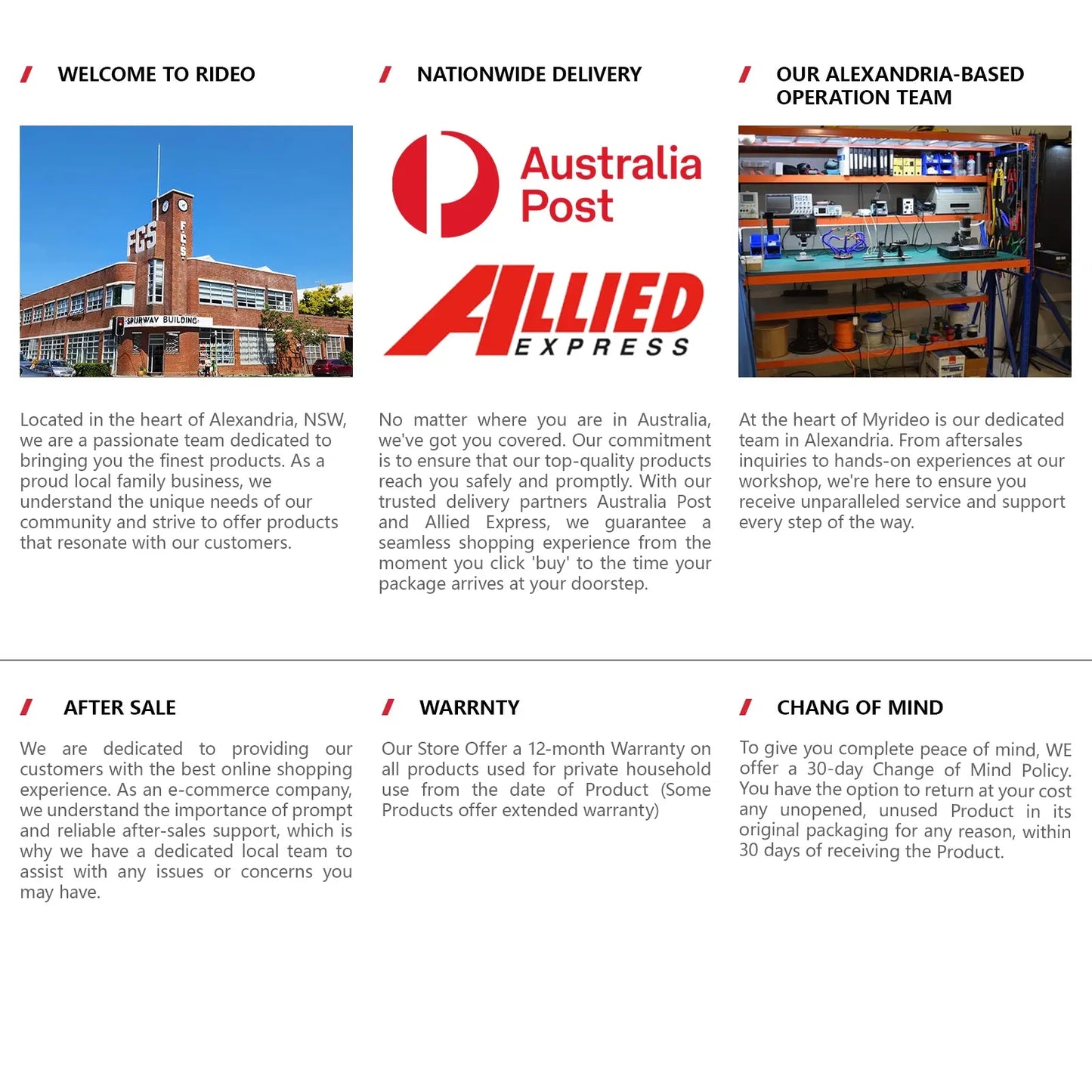 Promotional material for the RIDEO company including an image of their building, details on nationwide delivery partners, and information about their dedicated operations team and customer service commitments.