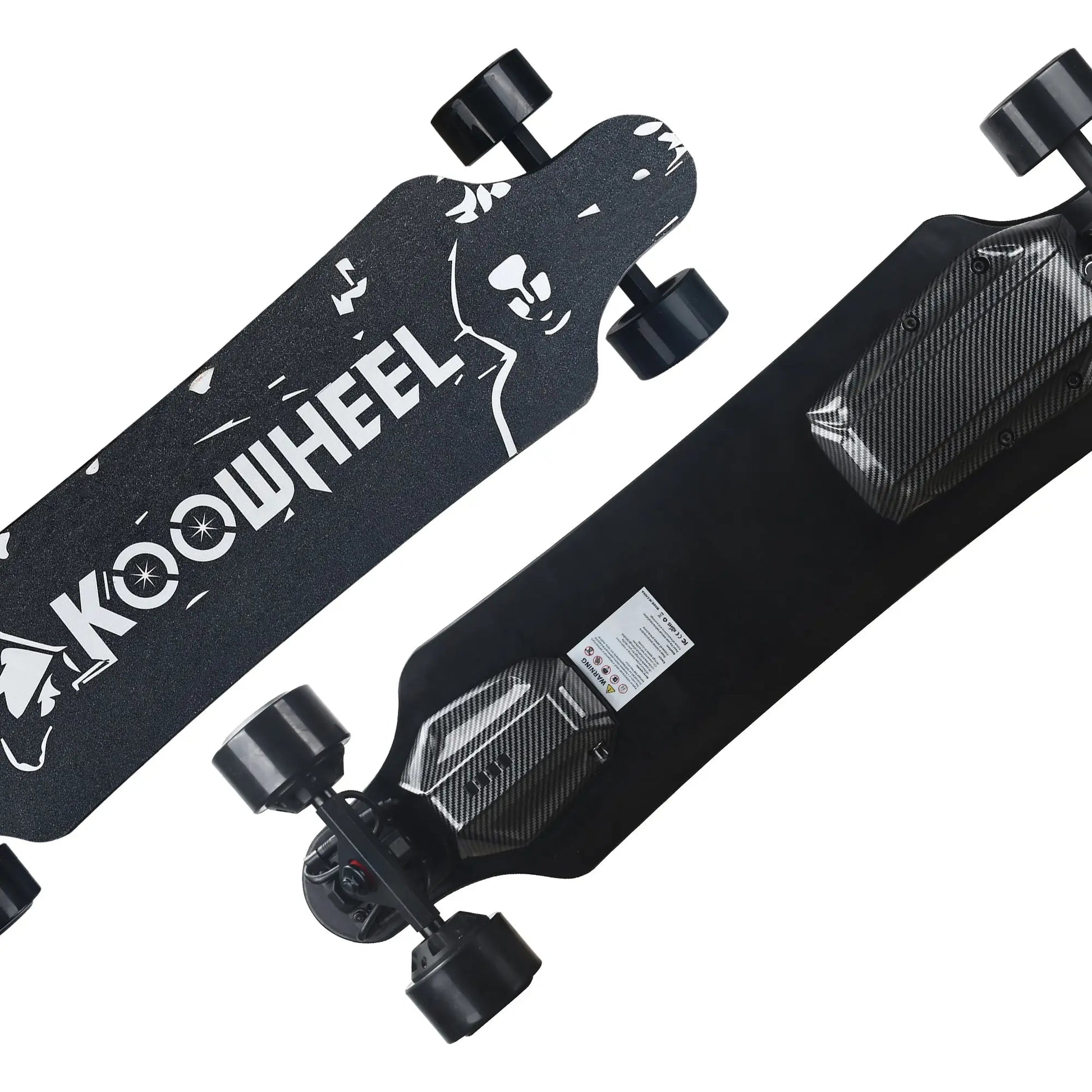 Composite image showing various angles of the electric skateboard emphasizing the deck and wheels.