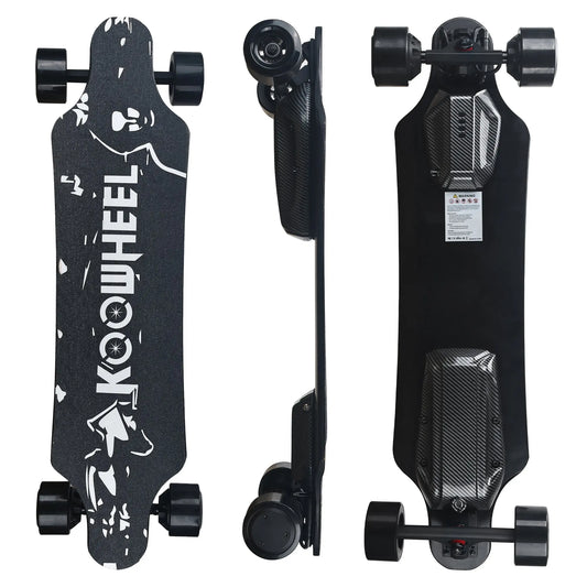 Longboard style electric skateboard with black grip tape featuring a white stencil design of a figure skating and the logo "KOOWHEEL".