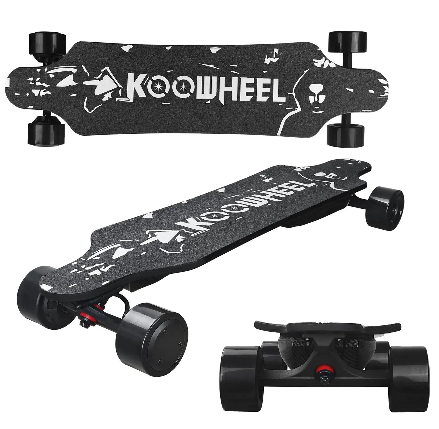 Collage of electric skateboard images showcasing different angles and build details including the battery and motor enclosure.