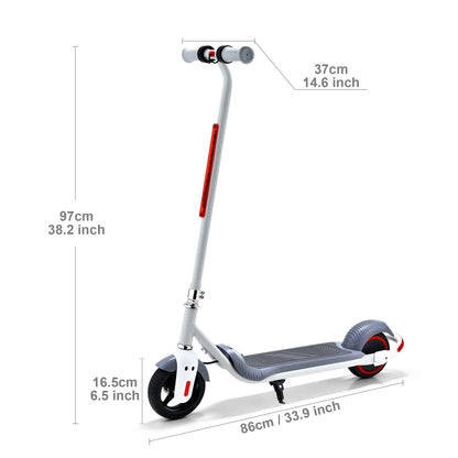 Dimensional view of the white electric scooter, indicating the height, handlebar width, and overall length in both centimeters and inches.