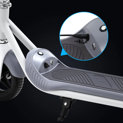 Close-up of the lower deck of the electric scooter showing the charging port and LED light for better visibility.