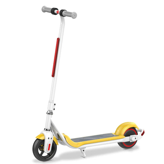 A close-up image of a yellow and white electric scooter, focusing on the front wheel and the lower deck area. Features include a streamlined design and a front mudguard.