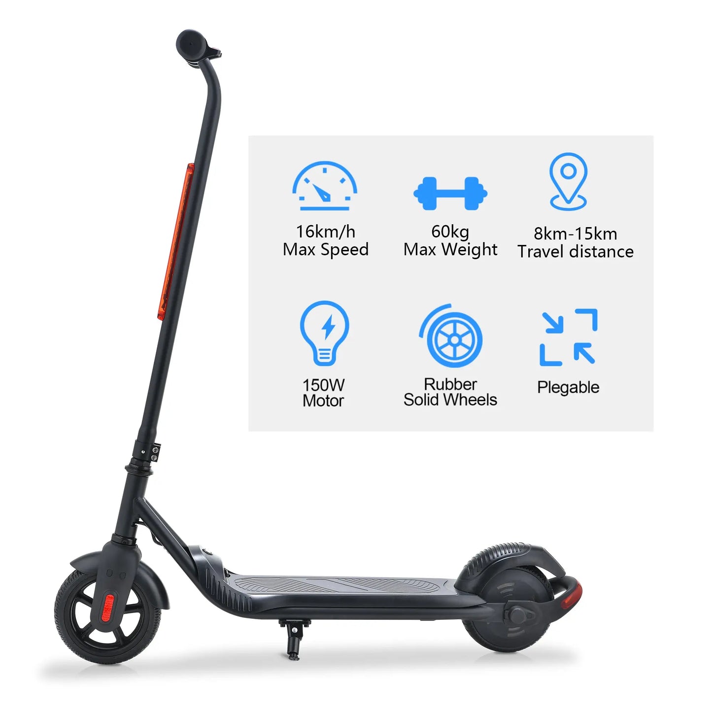 A product image showing various features of a BLACK electric scooter, such as maximum speed, weight capacity, and travel distance, highlighted alongside a side view of the scooter.