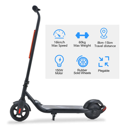 A product image showing various features of a BLACK electric scooter, such as maximum speed, weight capacity, and travel distance, highlighted alongside a side view of the scooter.