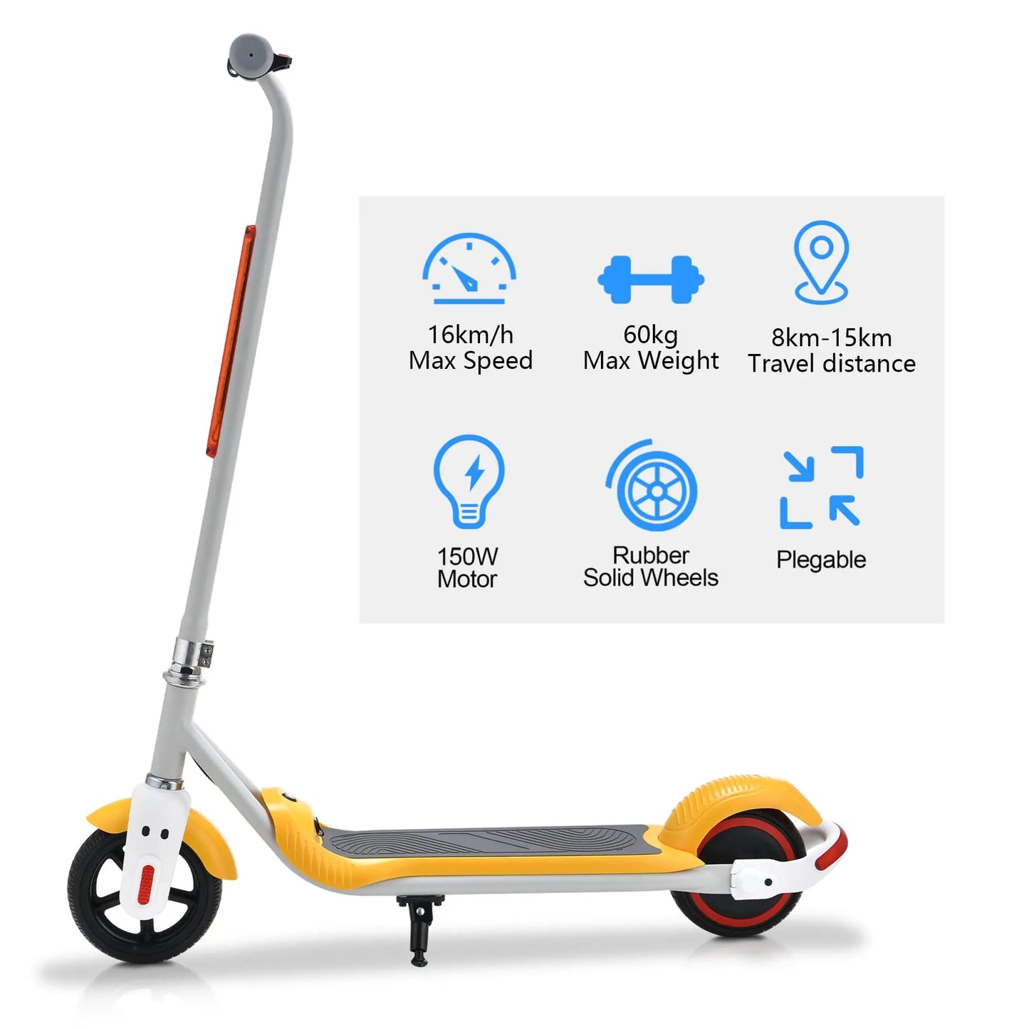 A product image showing various features of a yellow and white electric scooter, such as maximum speed, weight capacity, and travel distance, highlighted alongside a side view of the scooter.