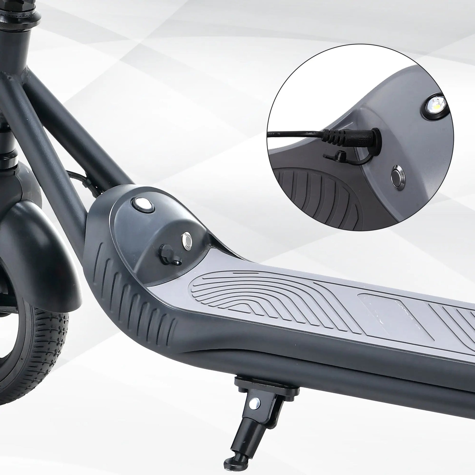 An image highlighting the comfortable handle and brake button of a BLACK electric scooter, showcasing its convenient design.