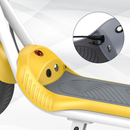 An image highlighting the comfortable handle and brake button of a yellow electric scooter, showcasing its convenient design.