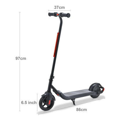 A product image showing the dimensions of a black electric scooter, detailing the height, handlebar width, and overall length.