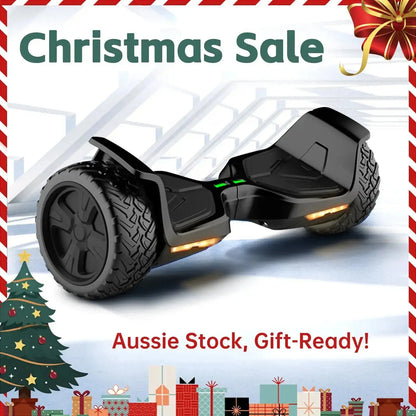 Sleek black Rideo V3 hoverboard with durable all-terrain wheels and integrated LED lights, designed for a smooth and stylish ride on various surfaces.