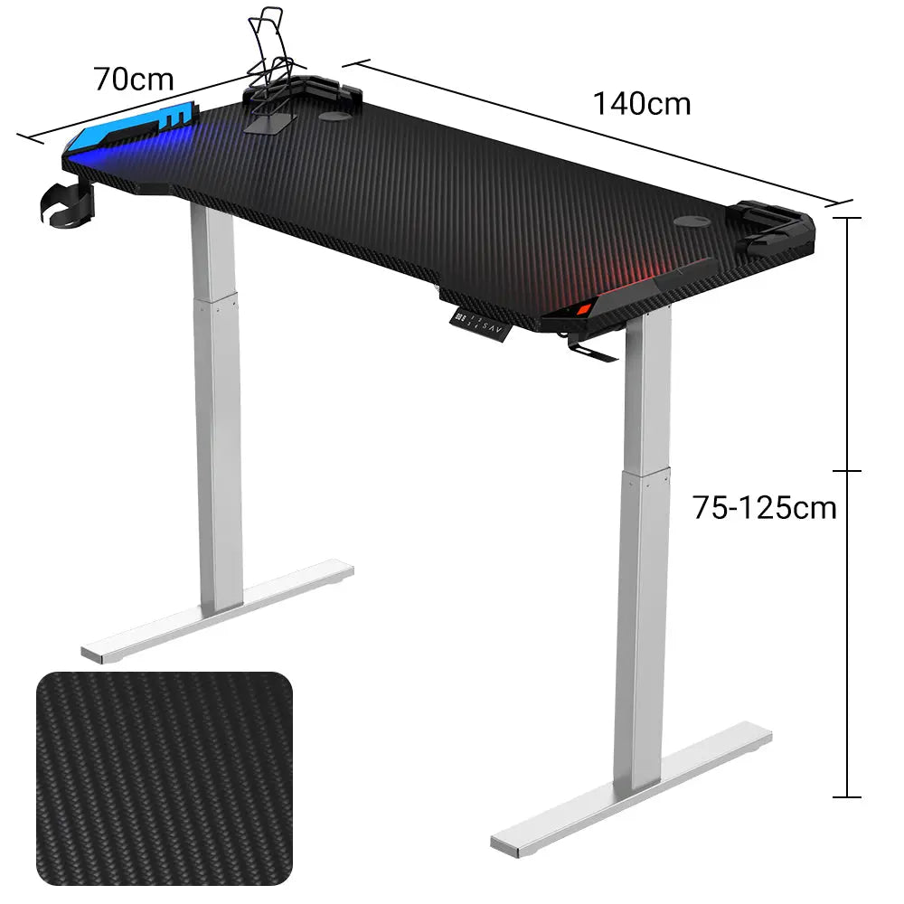 A side view of the desk showing its dimensions: 70cm depth, 140cm width, and an adjustable height from 75 to 125cm. The image includes a diagram with a matching floor mat.