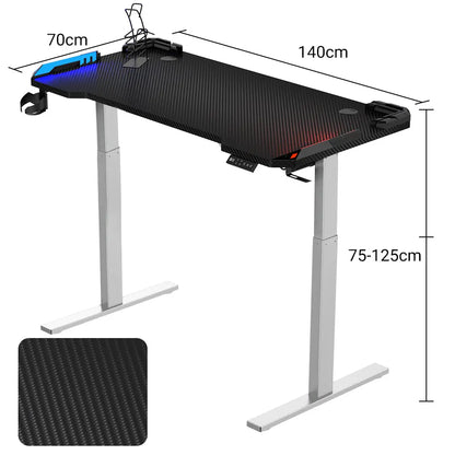 A side view of the desk showing its dimensions: 70cm depth, 140cm width, and an adjustable height from 75 to 125cm. The image includes a diagram with a matching floor mat.