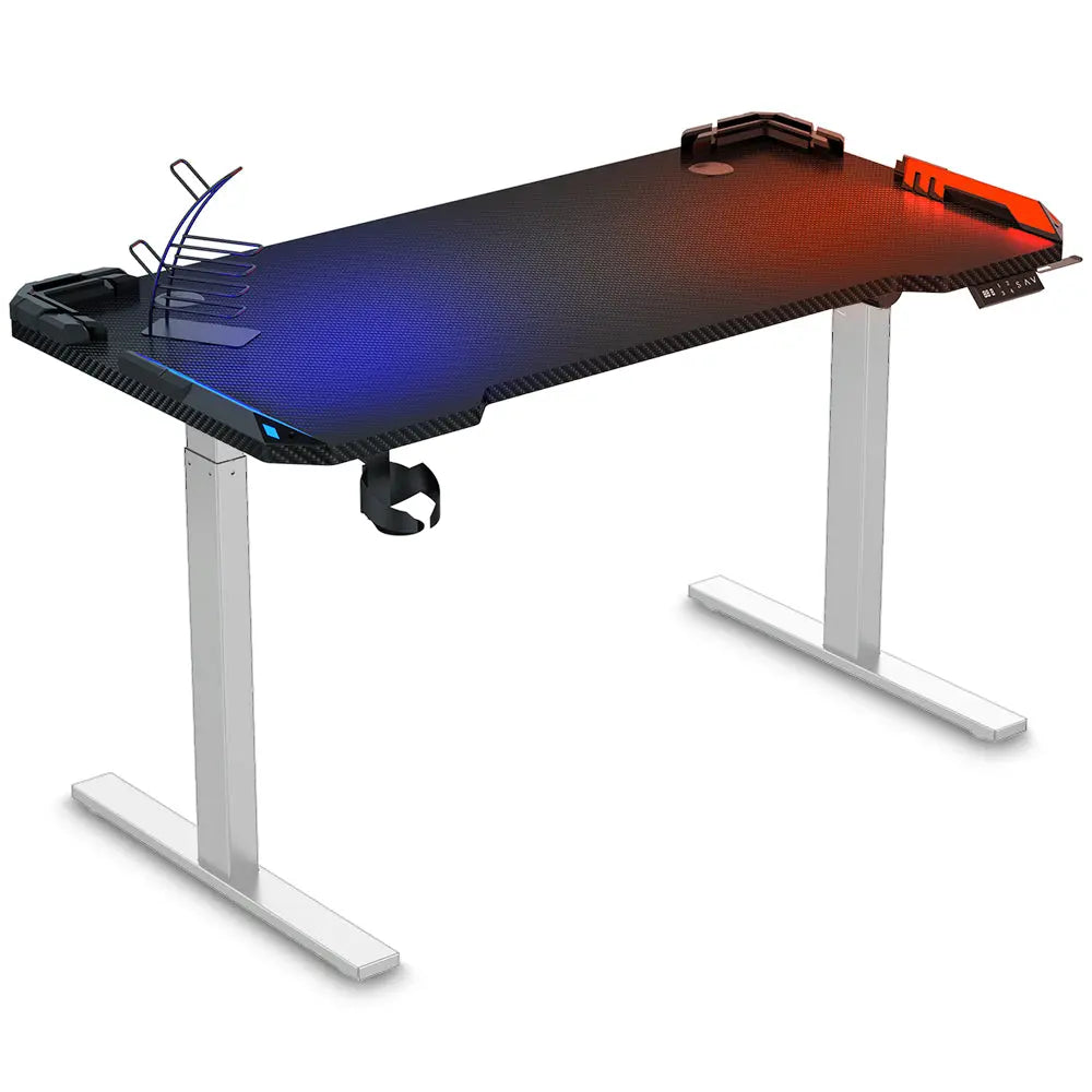 A modern height-adjustable desk featuring a dynamic carbon fiber pattern and vibrant blue and orange accents. The desk has a sturdy white frame and a curved front edge, equipped with multiple integrated holders for stationery and accessories.