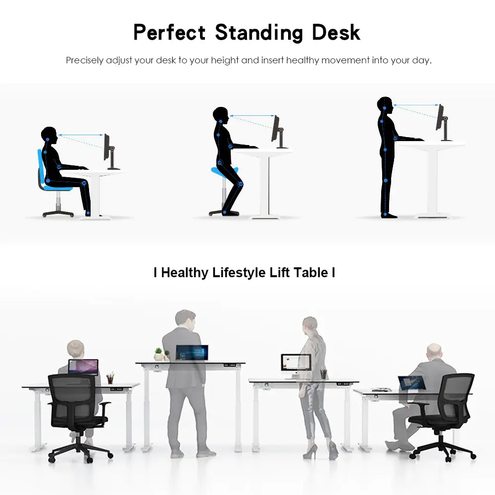 An infographic showing the health benefits of a black motorized standing desk, with blue silhouettes demonstrating sitting and standing positions.