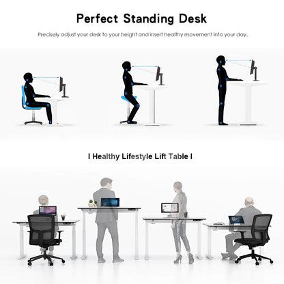 Illustrative graphics showing different uses of a standing desk in various postures to promote a healthy lifestyle. The desks are shown in a white minimalist design in office settings.