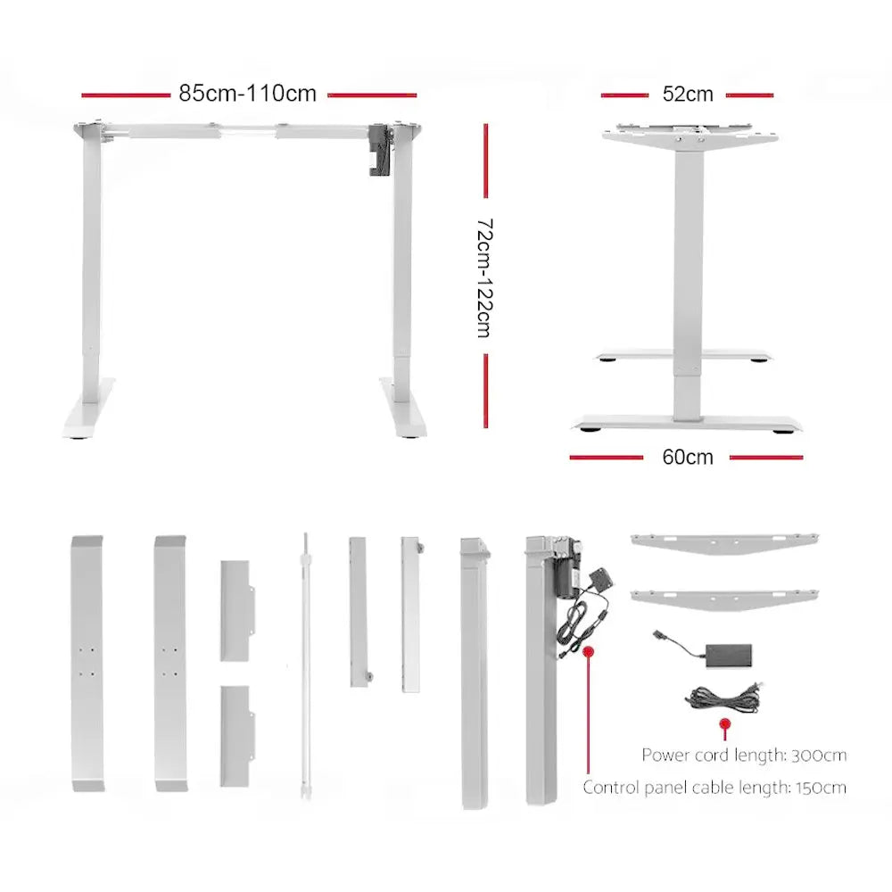 An exploded view diagram of a white motorized standing desk, highlighting its adjustable components and dimensions.