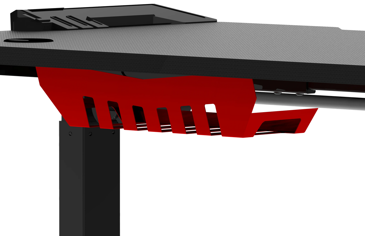 An isometric view of the desk focusing on a bright red angular attachment on the desk's right side, showing slots and design features for functionality.