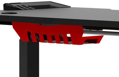 An isometric view of the desk focusing on a bright red angular attachment on the desk's right side, showing slots and design features for functionality.