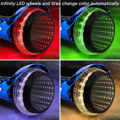 Collection of hoverboard wheels showing the LED lights in various colors including red, green, and blue, emphasizing the dynamic color change feature.