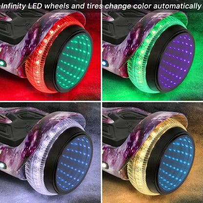 Collection of hoverboard wheels showing the LED lights in various colors including red, green, and blue, emphasizing the dynamic color change feature.