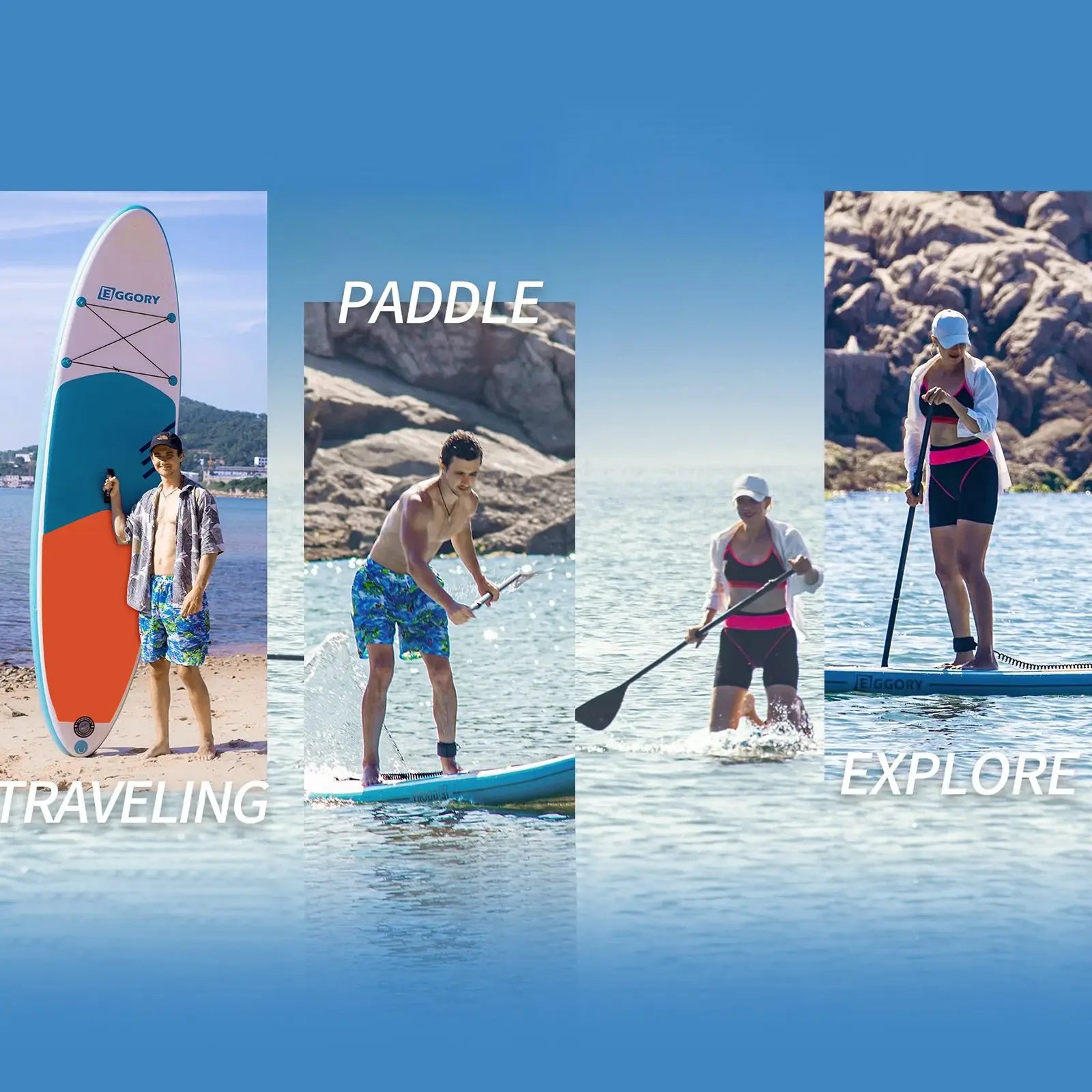  7: "Multiple people using paddle boards in various activities like traveling, exploring, and paddleboarding."