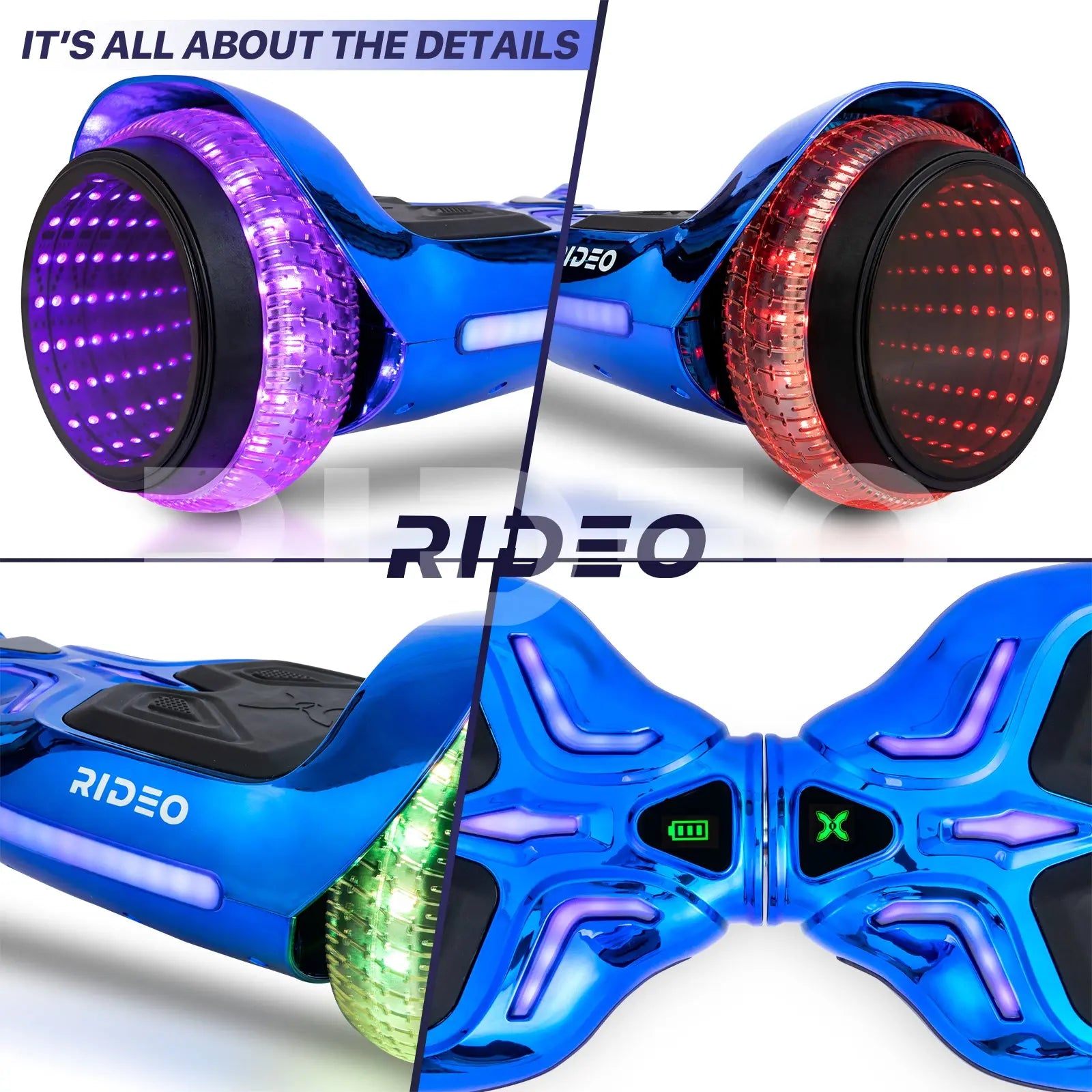 Detailed split image showcasing different features of the hoverboard like the textured footpads, LED wheel lights in multiple colors, and sleek design.