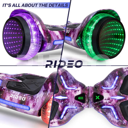 Detailed split image showcasing different features of the hoverboard like the textured footpads, LED wheel lights in multiple colors, and sleek design.