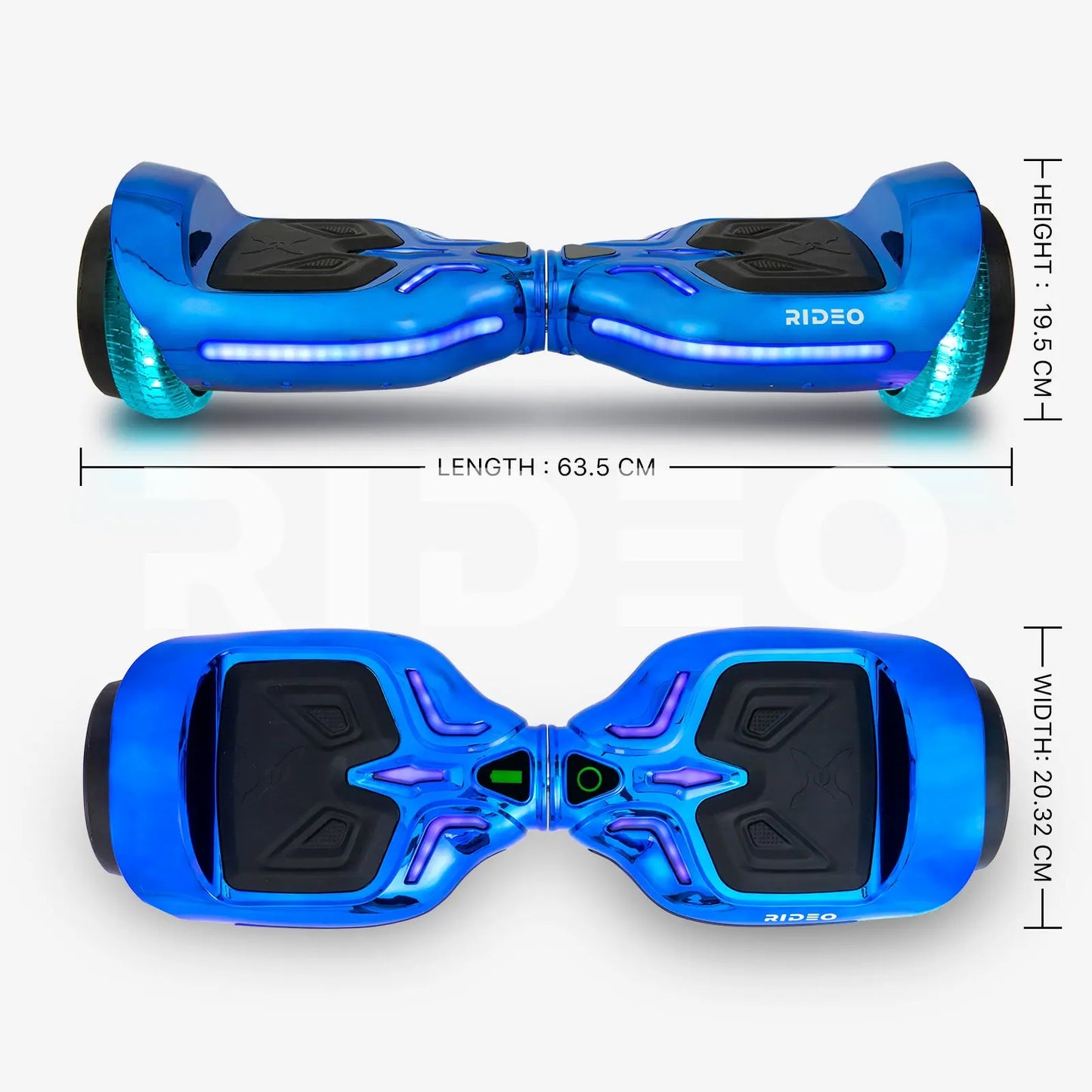 Dimensions of the chrome blue hoverboard detailing the length and width measurements, presented in a clean, technical style with dimension lines.