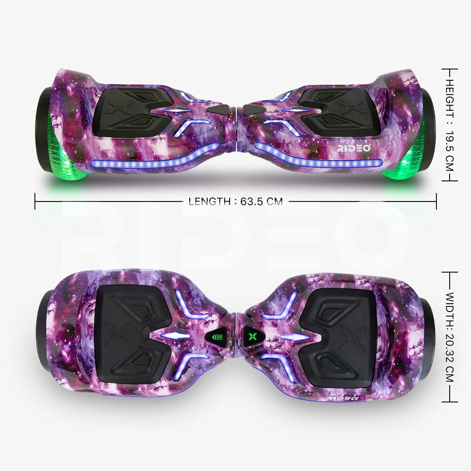 Dimensions of the  GALAXY hoverboard detailing the length and width measurements, presented in a clean, technical style with dimension lines.