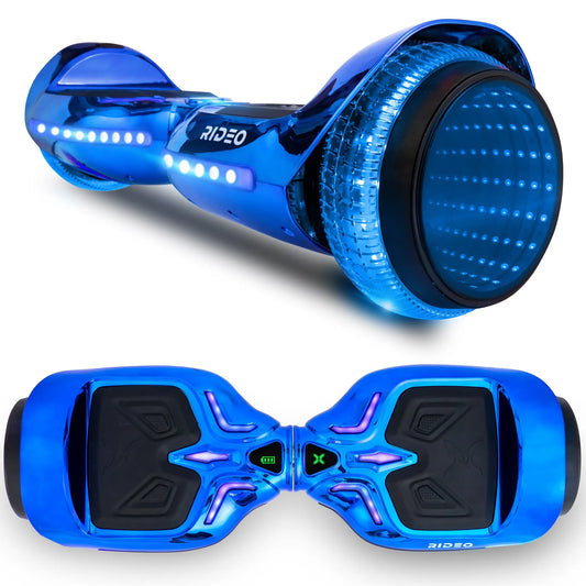 RIDEO hoverboard in chrome blue with infinity LED wheel lights, showcasing front and side views on a white background.