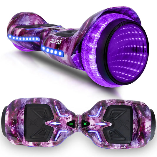 RIDEO hoverboard in  GALAXY with infinity LED wheel lights, showcasing front and side views on a white background.