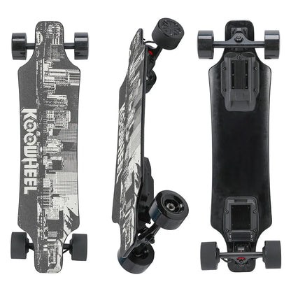 op-Down View of Koowheel D4 Electric Skateboard: Image showing the top-down view of the Koowheel D4 Electric Skateboard, highlighting its sleek design and urban graphics.Angled Front View of Skateboard: Image displaying the angled front view of the Koowheel D4, focusing on the wheels and board texture.Underside View of Skateboard: Image showing the underside of the Koowheel D4 Electric Skateboard, illustrating the battery and mechanical details.