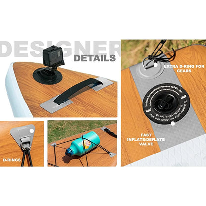 Detailing Design Features: Image focusing on various design features of the SurfWave paddleboard, like the camera mount, D-rings for attaching gear, and a fast inflate/deflate valve.