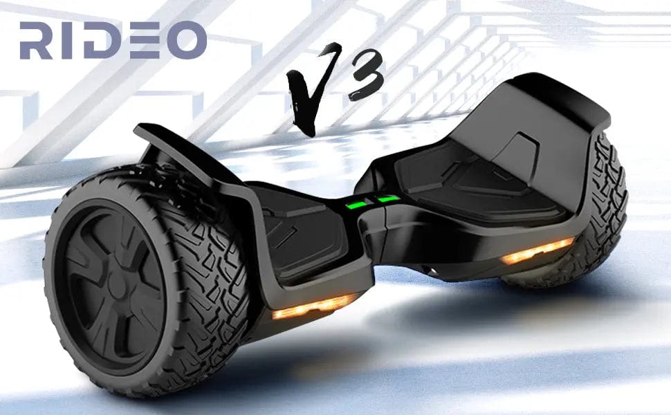 Dynamic front view of the Rideo V3 hoverboard, highlighting its robust build, large tires, and eye-catching LED accents suitable for both urban and off-road adventures.