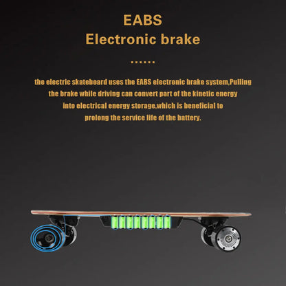 Informational graphic about the EABS electronic brake system used in an electric skateboard.